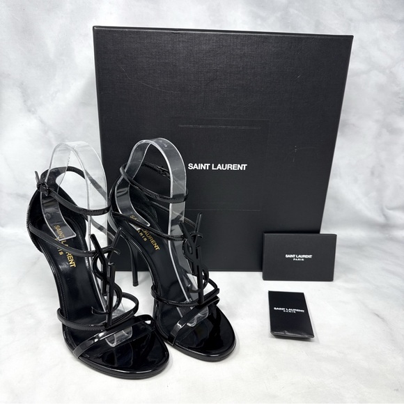 Saint Laurent YSL Cassandra Patent Leather Strappy Sandal Heel Designer Black 37 - Picture 3 of 16